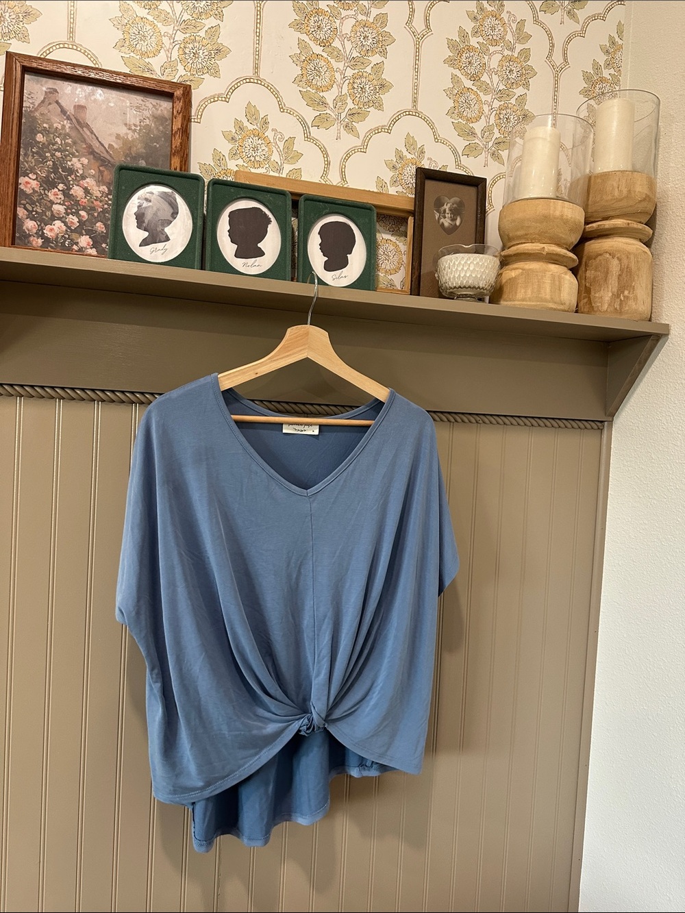 Casual V-Neck Knot Front Top - Dusty Blue